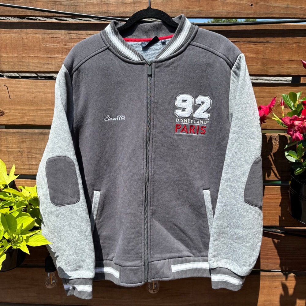 Disneyland Paris Varsity Jacket Mens XL Gray Excellent Zip Up Sweatshirt 92
